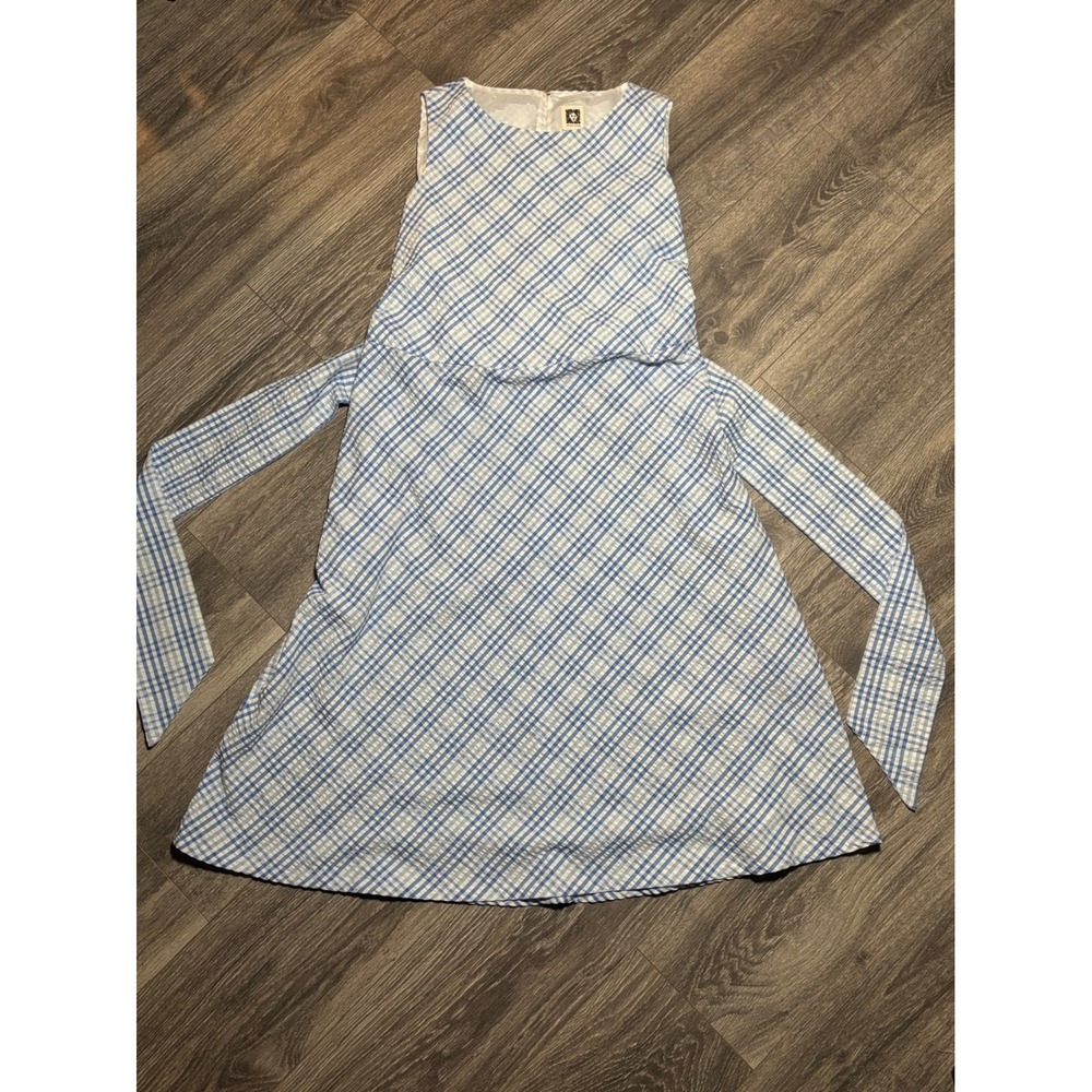Anne Klein Seersucker Midi Dress Size 6 - Blue and White Gingham Style w/ Sash - Picture 4 of 14